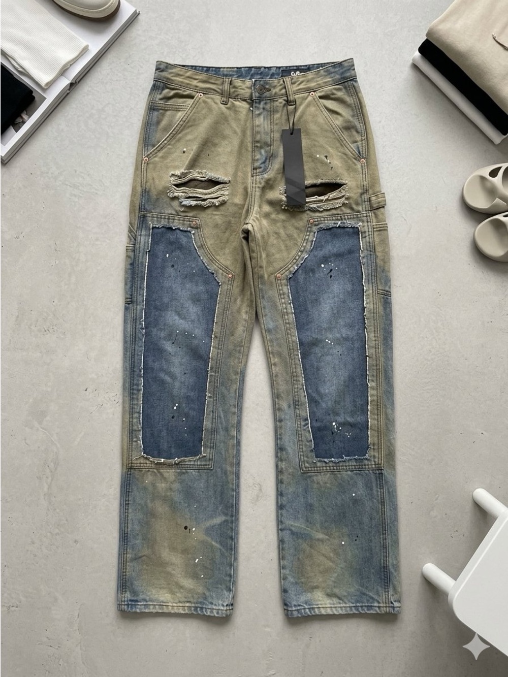 C’est la vie Distressed Two-Tone Men’s Jeans - Blue and Olive NWOT